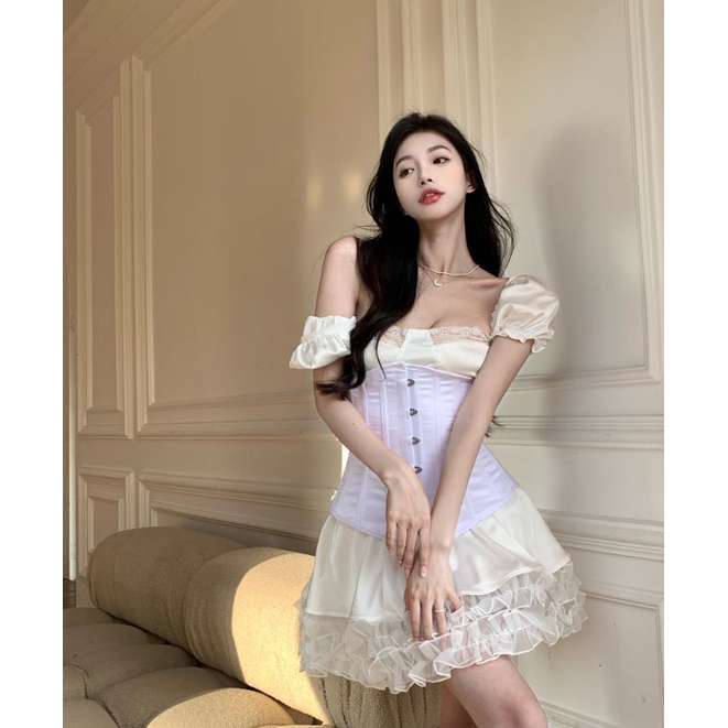 Set Đầm Váy Lụa phối bèo và Corset Tím Cổ Điểm Quyến Rũ