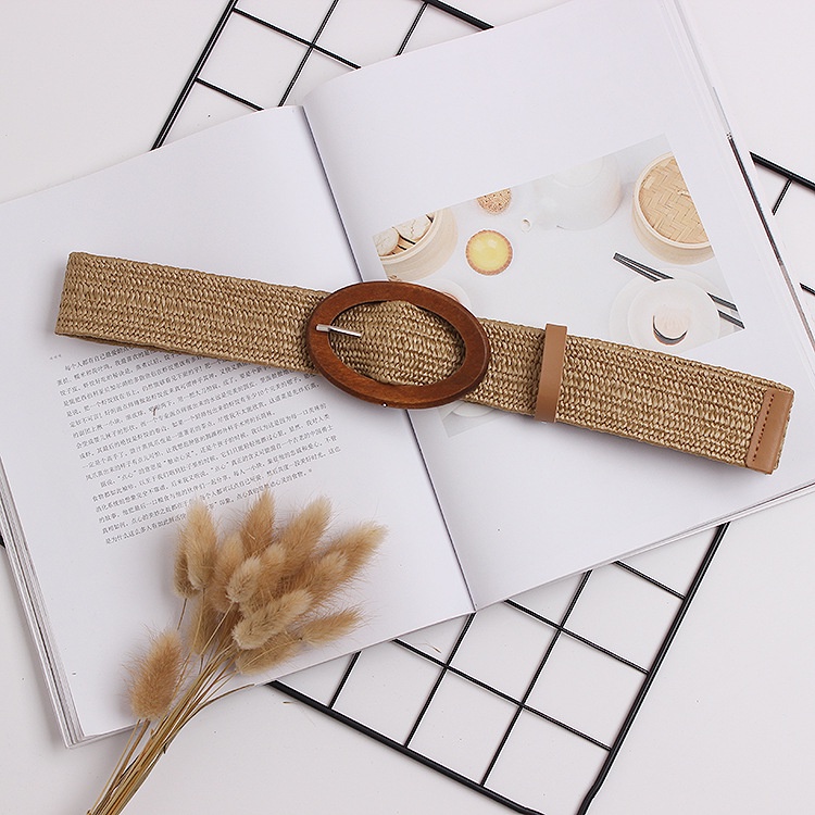 Thắt Lưng Bện Dây Co Giãn Phối Khóa Gỗ Phong Cách Bohemian Thời Trang Đi Biển Cho Nữ