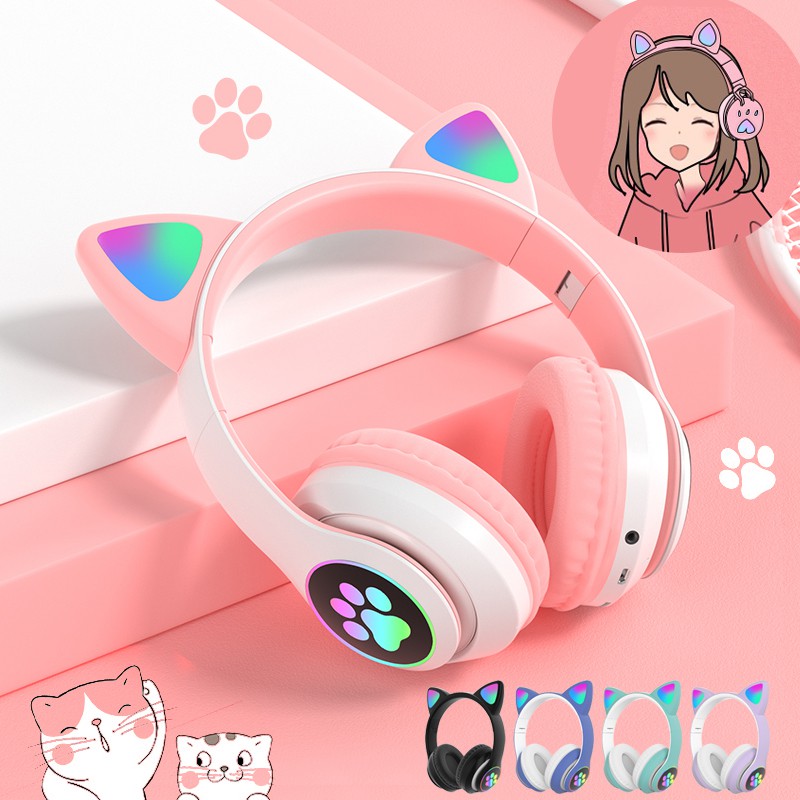 Tai nghe chơi game tai mèo đáng yêu không dây bluetooth V5.0 có mic/phụ kiện đèn LED thích hợp cho các bạn nữ trẻ