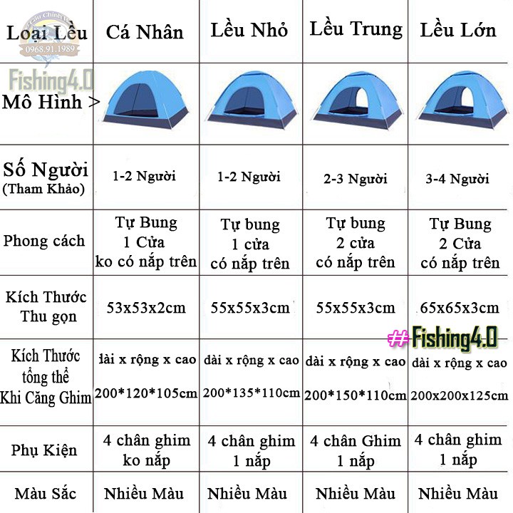 Lều Dã Ngoại Tự Bung 2-4 Người Chống Nước Chống Tia Tử Ngoại Nhiều Kích Thước