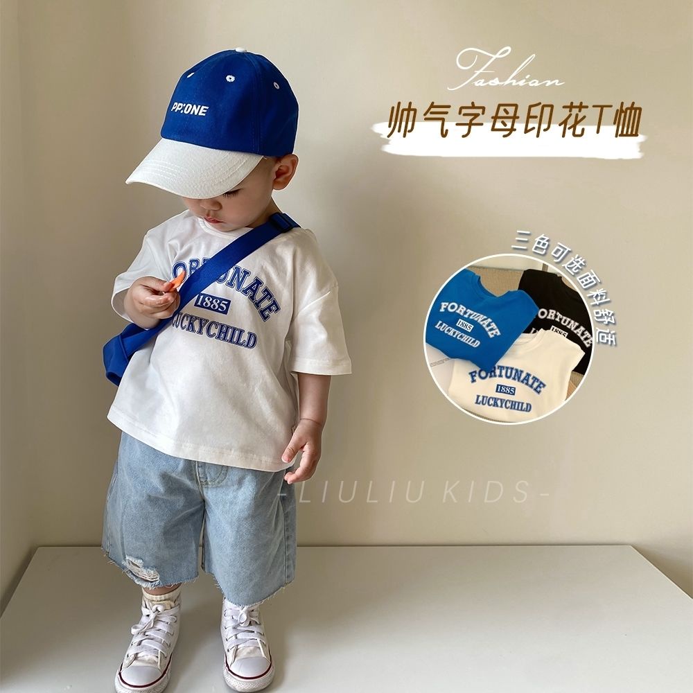 Áo Thun Cotton Cổ Tròn Tay Ngắn Màu Trơn In Họa Tiết Hoạt Hình Phong Cách Hàn Quốc Thời Trang Xuân Hè Cho Bé Trai