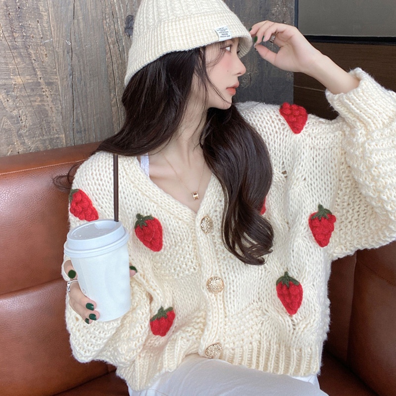 Brroa Áo Khoác Cardigan Dệt Kim Tay Dài Hở Trước Họa Tiết Dâu Tây Đơn Giản Thanh Lịch Thời Trang Mùa Thu Phong