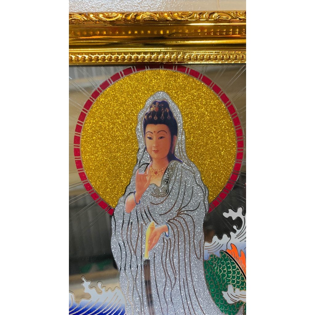 Tranh Kiếng Quan Âm Đứng Rồng - Khung nhựa cứng loại tốt mạ vàng xi