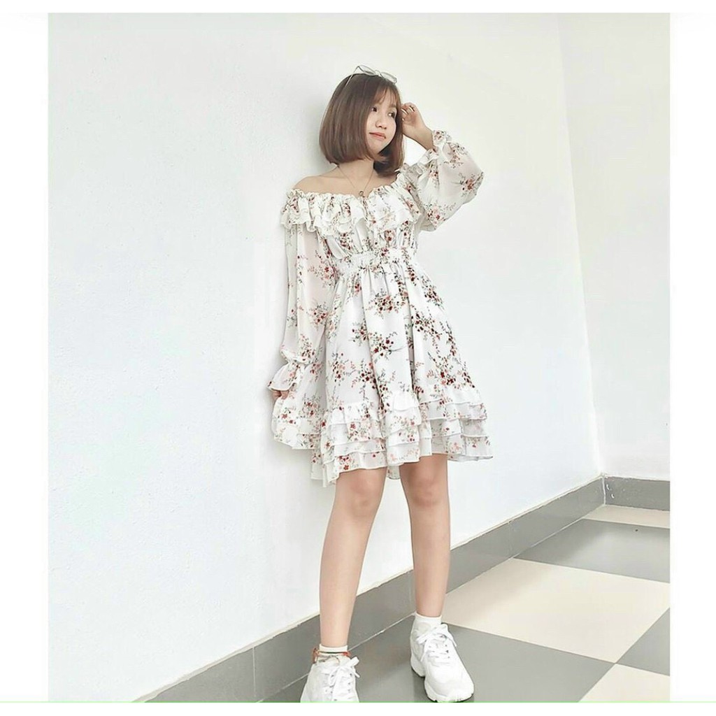 _Đầm Voan hoa nhí bẹt vai bo nhún mang được 2 kiểu xinh xắn tiểu thư PHS1005