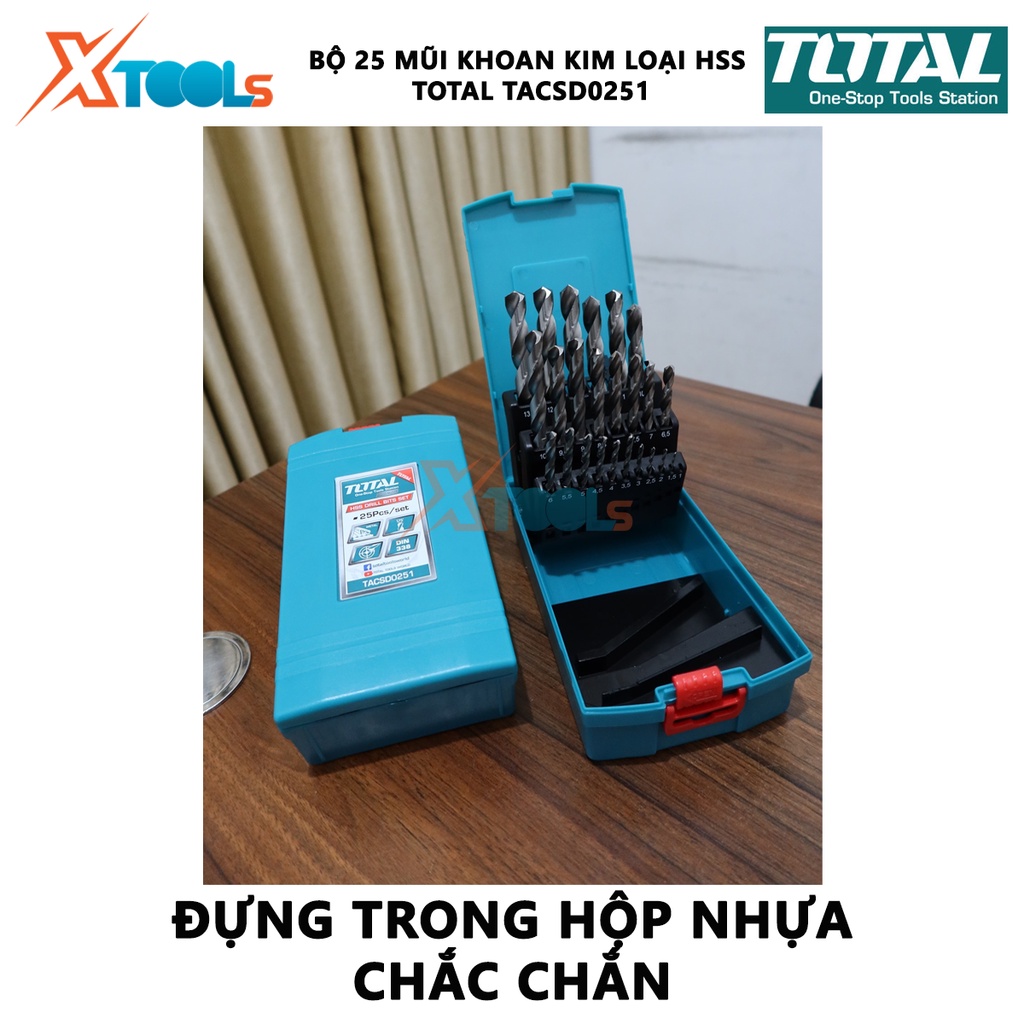 Bộ mũi khoan kim loại HSS 25 chi tiết TOTAL TACSD0251 | bộ 25 mũi khoan sắt kích thước từ 1 - 13mm [CHÍNH HÃNG] [XTOOLs]
