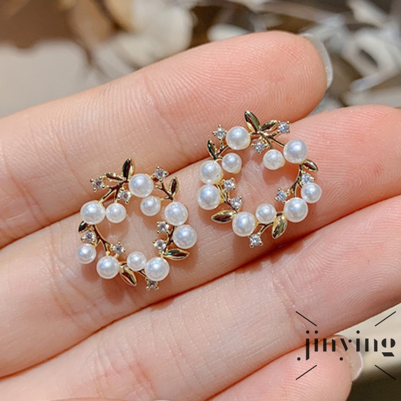 GETNOIVAS Khuyên tai phụ kiện kiểu tròn đính ngọc trai giả và đá nhân tạo hợp thời trang