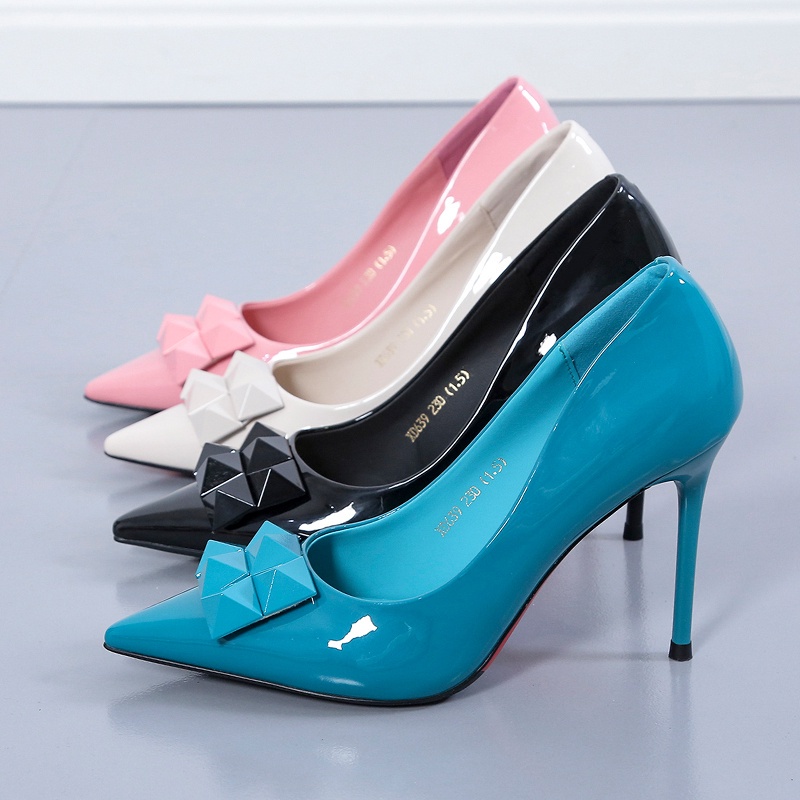 Giày cao gót da bóng mũi nhọn màu trơn thanh lịch cho nữ