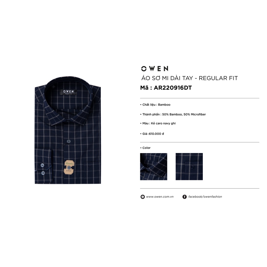 Áo Sơ Mi Nam Dài Tay OWEN AR220916DT Somi Công Sở Vải Sợi Tre Cao Cấp Màu Kẻ Caro Navy Ghi Dáng Suông Tà Lượn Có Túi