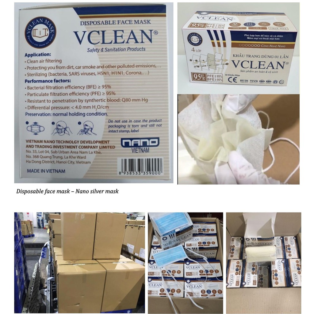 Khẩu trang y tế 4 lớp giấy kháng khuẩn VCLEAN hộp 50 chiếc hàng xuất khẩu