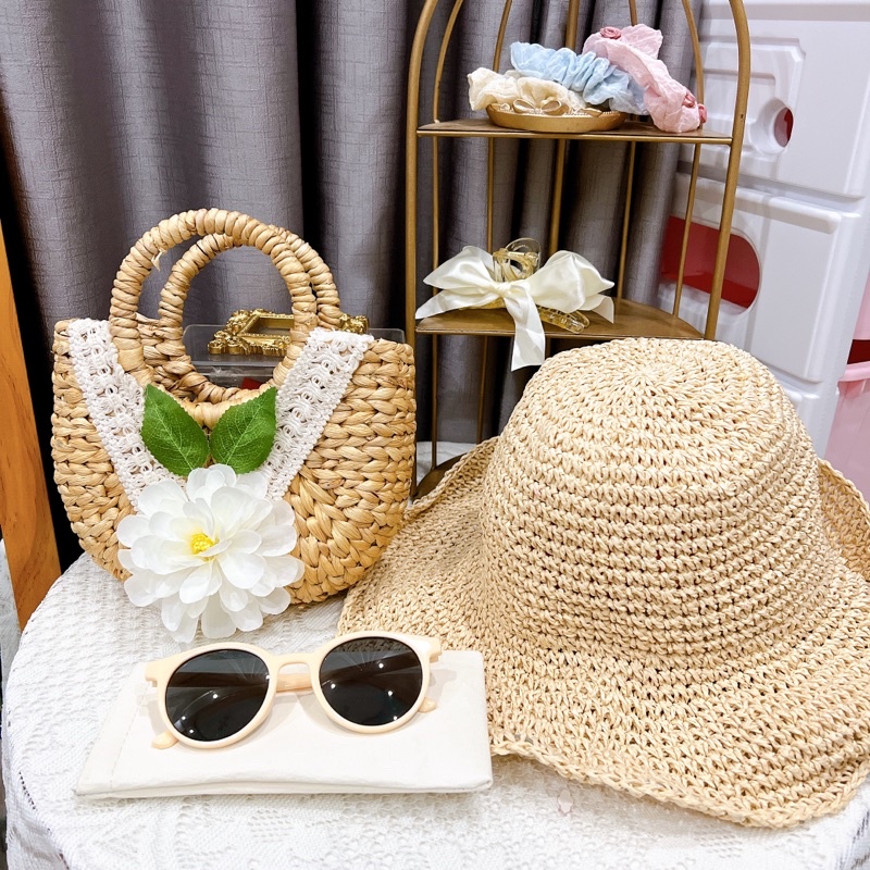 Set quà phụ kiện nón túi cói du lịch mùa hè phong cách tiểu thư vintage (đóng hộp)
