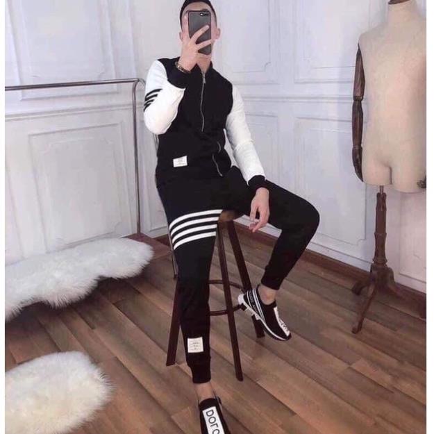 Đồ Bộ Quần Áo Thể Thao Nam Chất Thun Nỉ Kẻ Sọc Có Khóa Kéo Loại Dày Đẹp POLO4U !