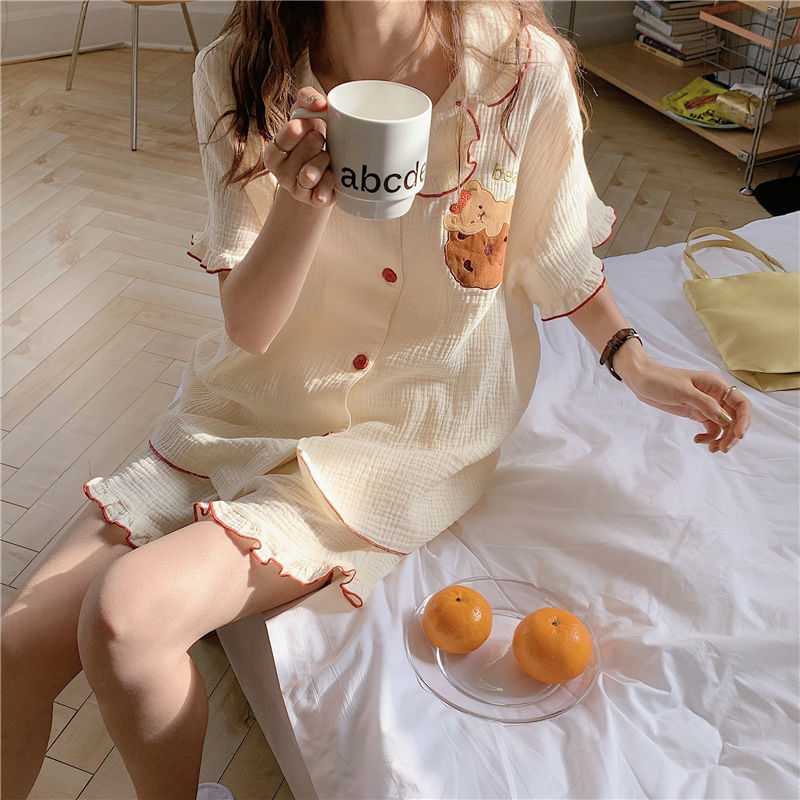 Bộ đồ ngủ mặc nhà vải Cotton ngắn tay kiểu Nhật Hàn dễ thương