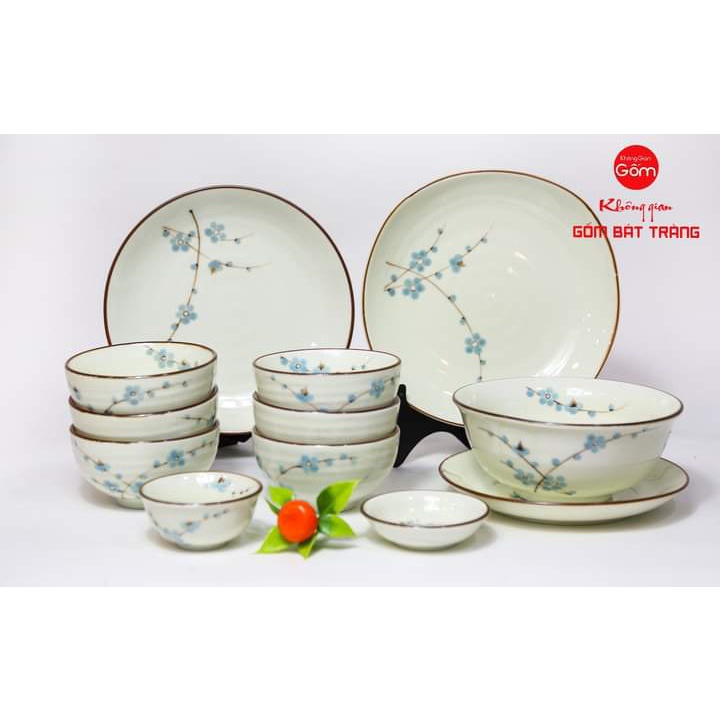 Bộ bát đĩa gốm sứ Bát Tràng họa tiết đào xanh - bộ bàn ăn từ 4-10 người đầy đủ sản phẩm chuẩn đẹp - Xưởng Gốm Việt