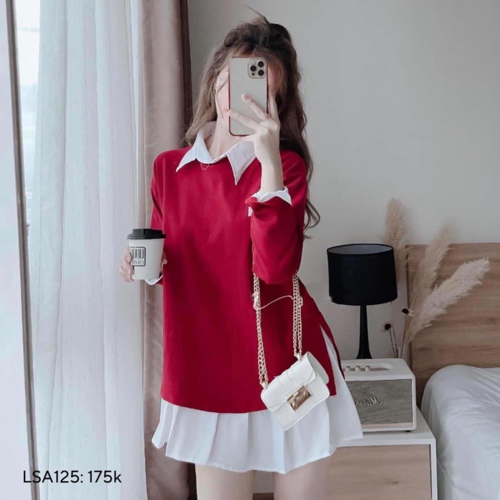 Nguyên bộ đầm sơ mi trắng phối kèm áo len gân đỏ hoặc đen, cực chất t07