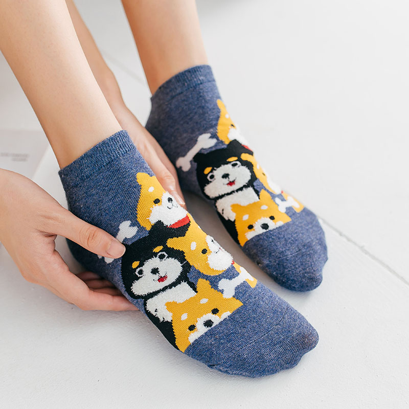 5 Pares Cute Shiba Inu Women Ankle Cotton Socks Japanese Cartoon Dogs Pattern Babae Mga Mag-aaral Kaswal Nakakatawa Masaya Maikling medyas