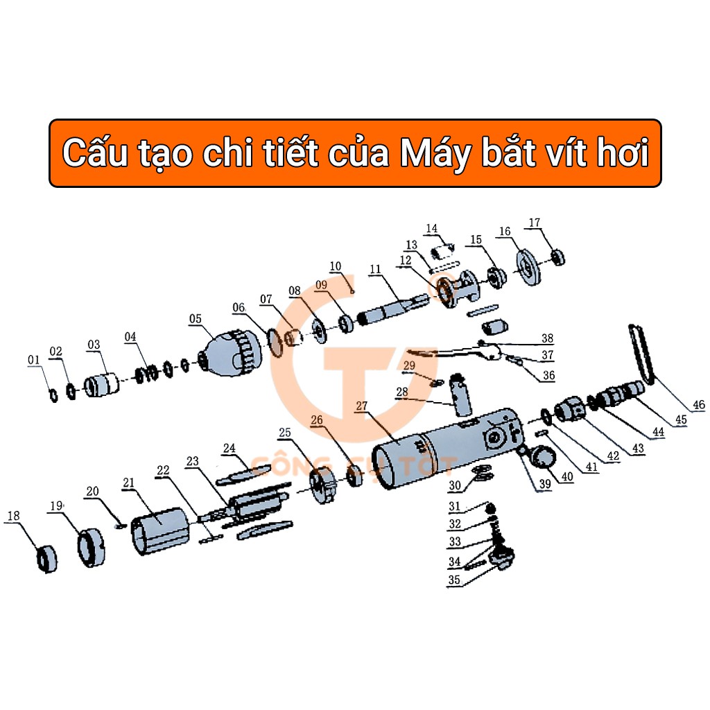 Máy bắt vít - Súng bắn vít hơi thẳng cốt 6 ly ANTON Japan 3 số đảo chiều