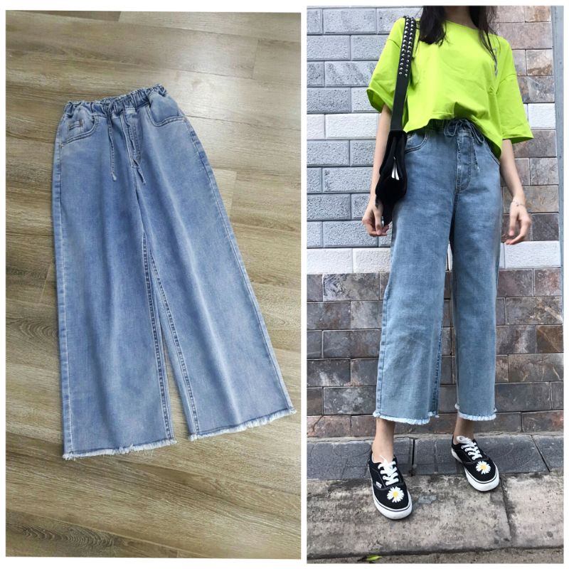 Quần jean ống rộng lưng thun_quần jean culottes trơn lưng cao 9 tấc West-hàng XK