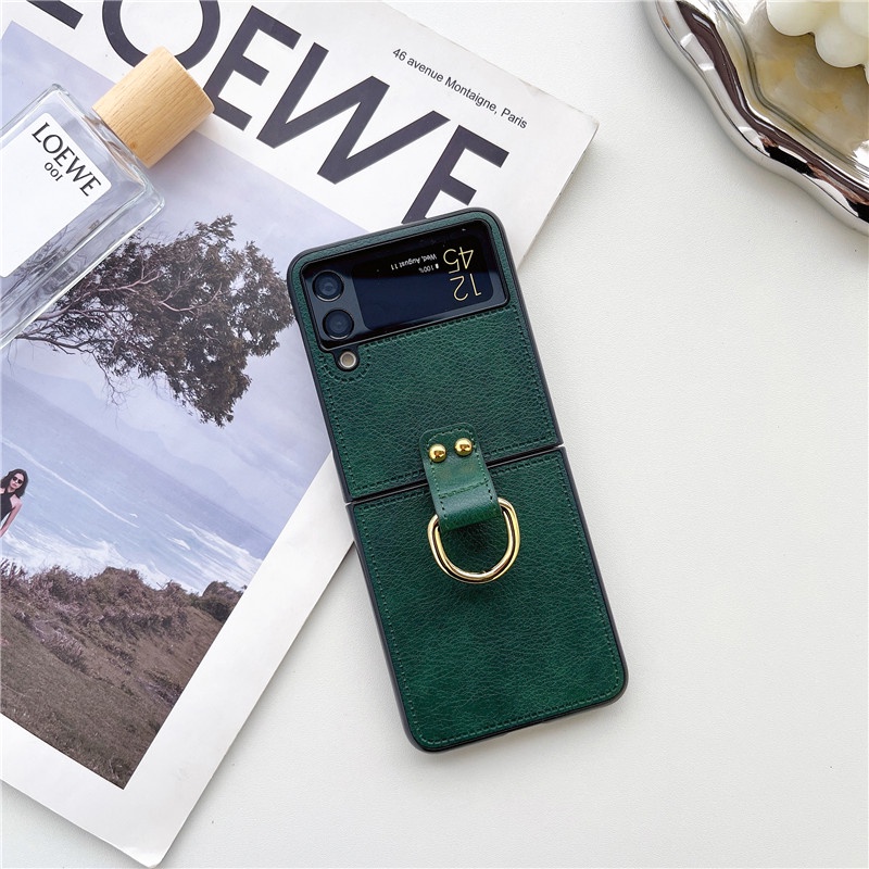 Bao Da Điện Thoại PU Dạng Gập Tích Hợp Vòng Đỡ Sang Trọng Dành Cho Samsung Galaxy Z Flip 4 3 2 1 Z Flip3 Flip4 5G