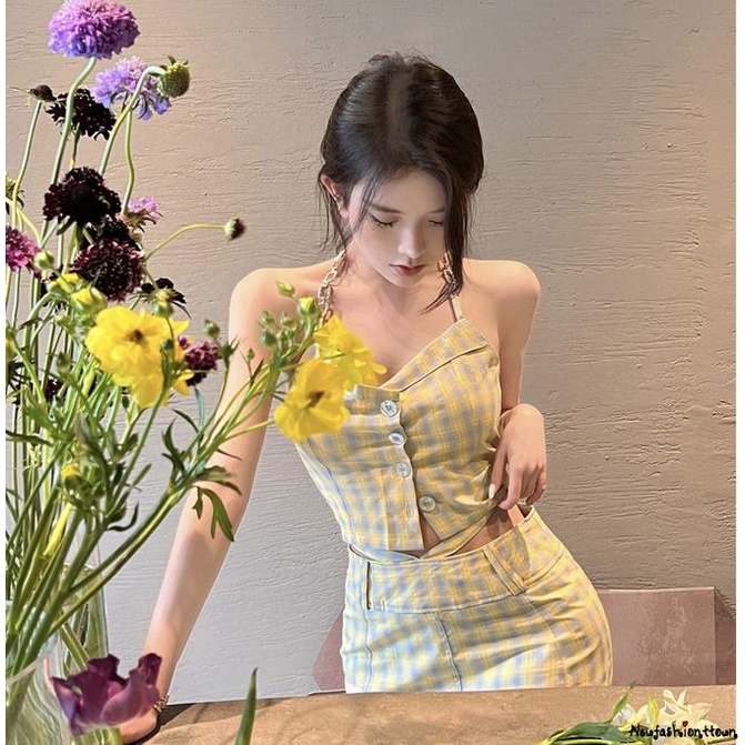 Set Áo Lửng 2 Dây Hở Lưng + Chân Váy Ngắn Lưng Cao Phong Cách Vintage Thời Trang Mùa Hè Cho Nữ Y2K