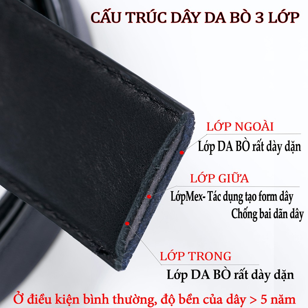 Thắt lưng nam da bò cao cấp-3 lớp-màu đen-khóa tự động nhiều mặt L104-DA THẬT-BH 24 tháng [hộp sang đẹp]