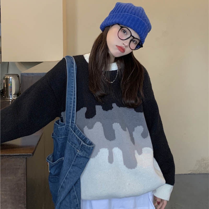 Áo Sweater Dệt Kim Dáng Rộng Cổ Tròn Phối Màu Hàng Mới Cho Nữ