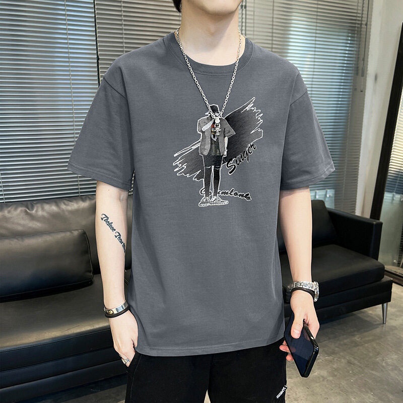 Áo Thun Cotton Tay Ngắn Cổ Tròn In Họa Tiết Trẻ Trung Phong Cách Hàn Quốc Cho Nam