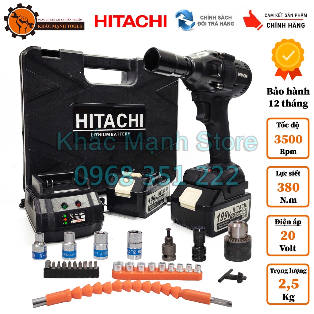 Máy Siết Bulong Hitachi 199v 32000mah Thường, Tặng Mũi Bắn Vít Cao Cấp