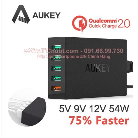 Sạc Nhanh AUKEY PAT1 5 cổng 54W QC 2.0,có kèm cáp 1m