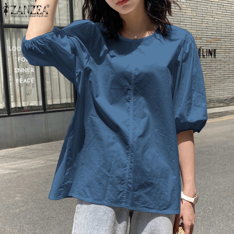 Áo kiểu ZANZEA tay phồng cổ tròn hở lưng phối dây rút thời trang dành cho nữ