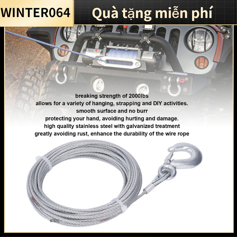 Dây tời cáp 4mmx12m 2000LBS Độ bền thay thế bằng thép không gỉ mạ kẽm Winter064