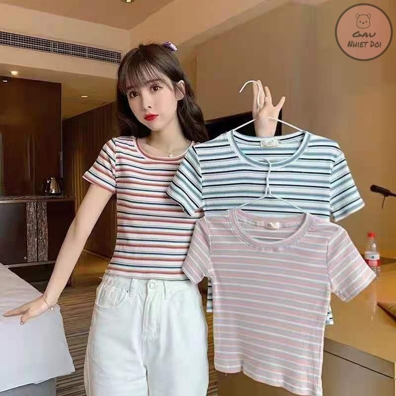 Áo Phông Nữ Kẻ Cộc Tay Cổ Tròn Áo Thun Kẻ Ngang Thời Trang Hè Full 04 Màu Trắng/Xanh/Đỏ/Cam