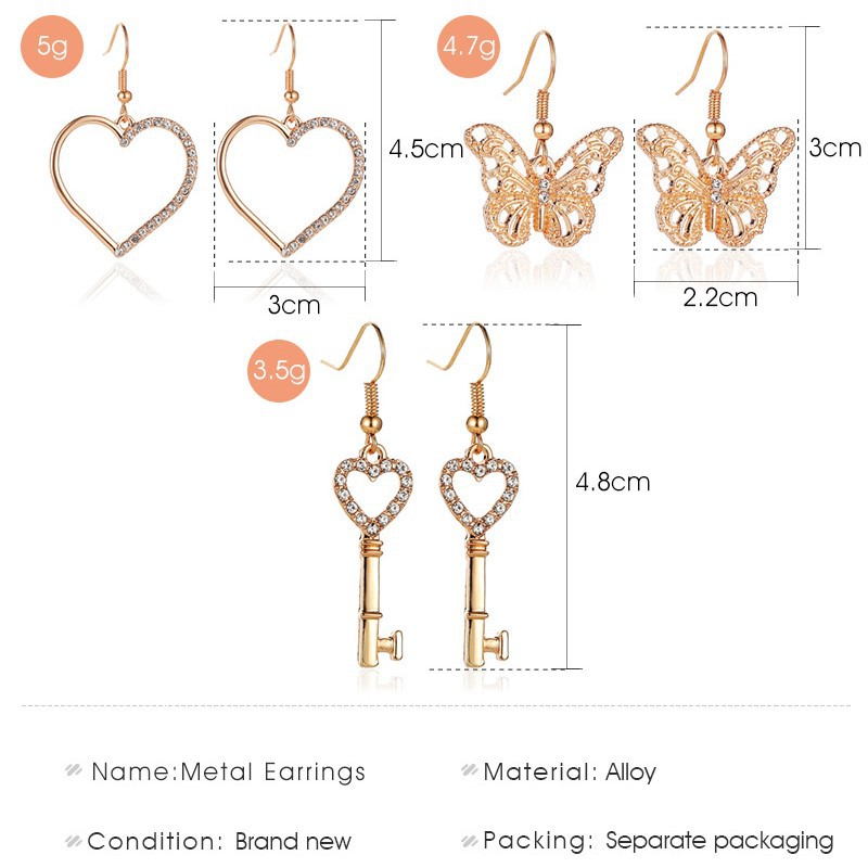 Hoa tai hình trái tim / chìa khóa / cánh bướm bằng kim loại