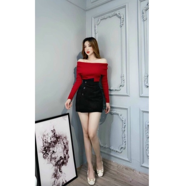 Sét Áo Trễ Vai Chất Tăm Siêu Mịn Áo Tay Dài Phối Váy For Cài Nút Thật Thời Trang Nữ Phù Hợp Mọi Phong Cách