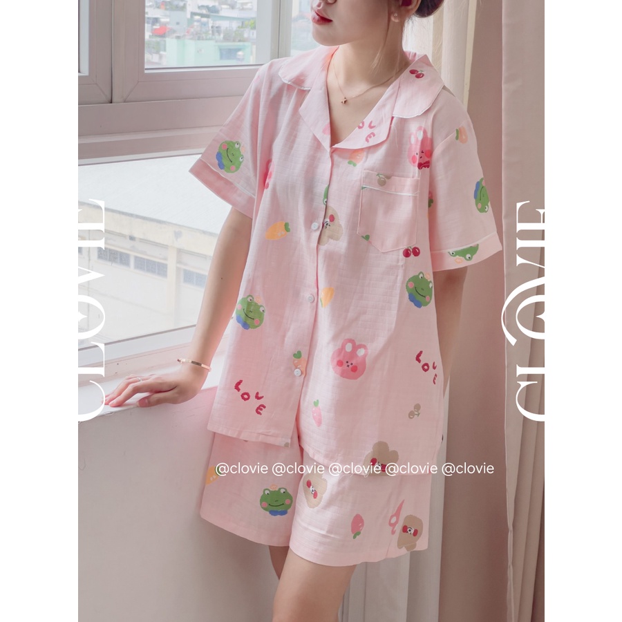 Đồ ngủ mặc nhà, đồ pyjama nữ xô tre cộc tay Clovie