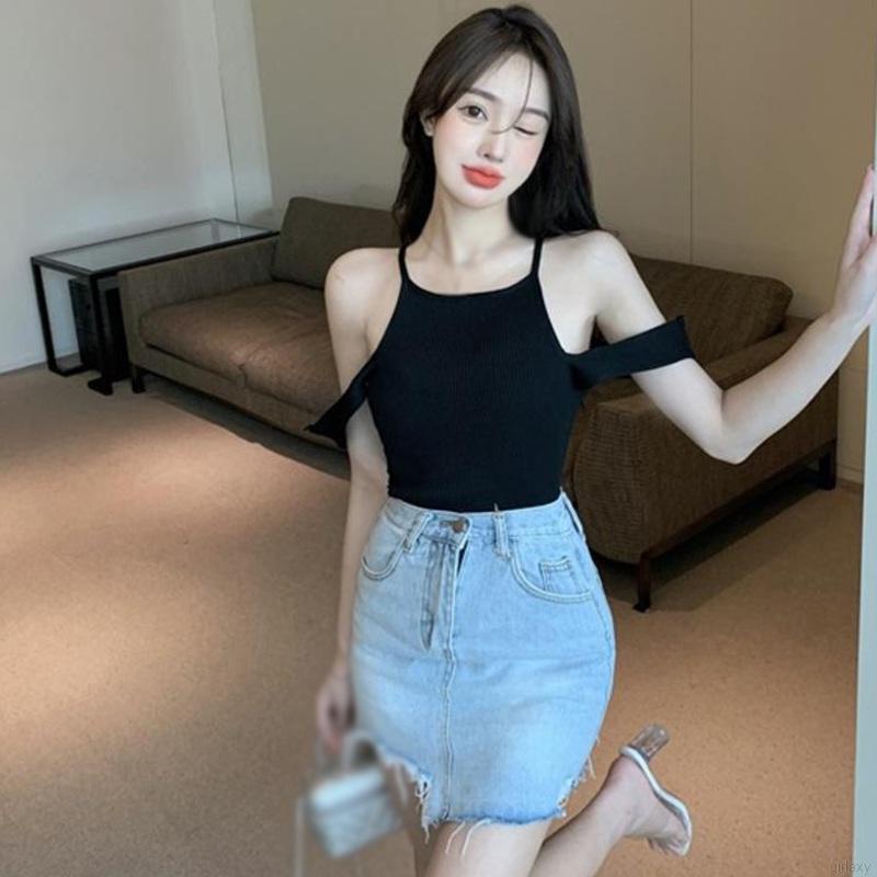 Áo Croptop Dệt Kim Trễ Vai Màu Trơn Đơn Giản Thời Trang Hàn Quốc Cho Nữ