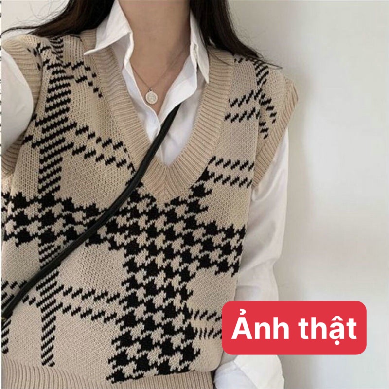 Áo gile len nữ ulzzang kiểu cổ v dáng hàn quốc kẻ sọc rộng tùy chiều cao -055