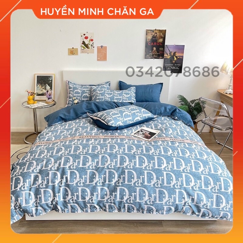 BỘ CHĂN GA VÀ VỎ GỐI POLY COTTON Dior Blue Pha Ke - Bộ Chăn Ga Gối 5 Món Cao Cấp