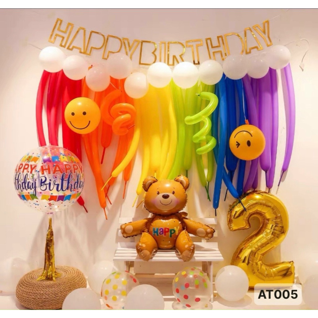 Set bong bóng trang trí sinh nhật Phong cách Hàn Quốc có lá Combo bong bóng dài xoắn Happy Birthday