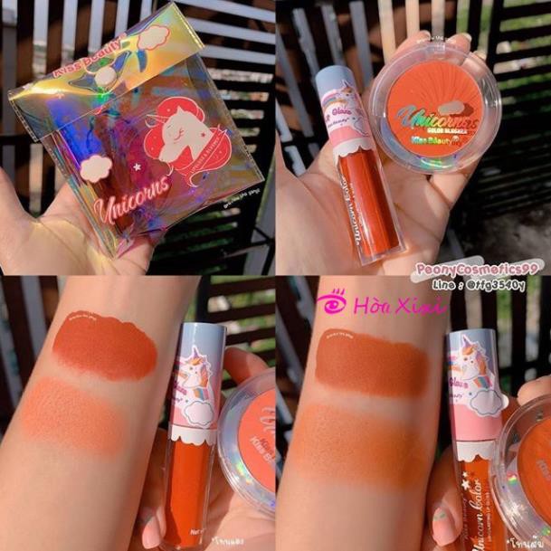 Set son kem lì + má hồng Kiss Beauty Unicorn Colors kèm túi đựng