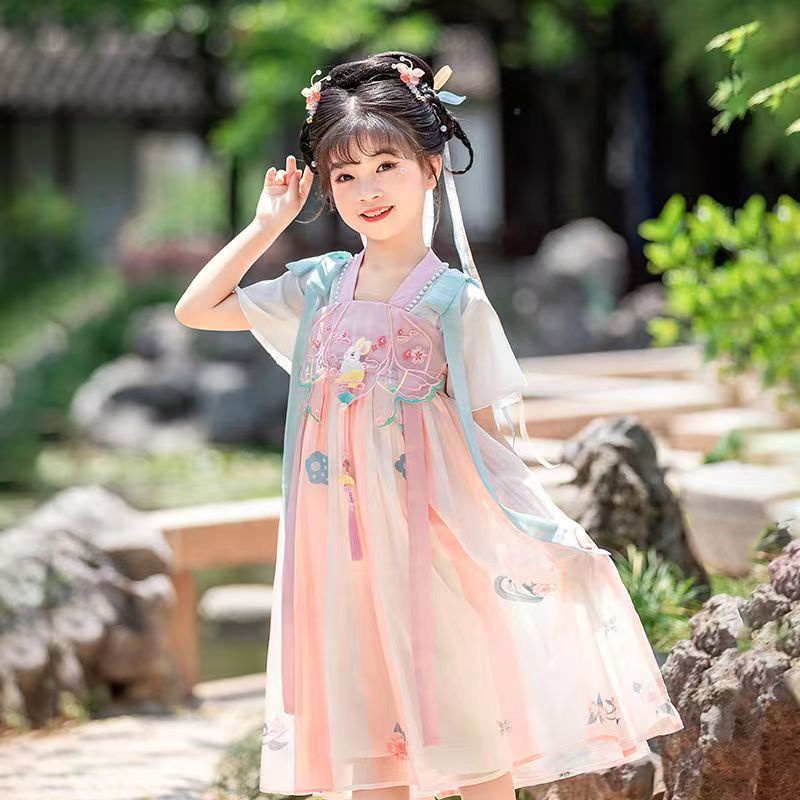 Đầm Hán Phục Tay Ngắn Phong Cách Trung Hoa Cổ Điển Chất Liệu Chiffon Thời Trang Mùa Hè Cho Bé Gái