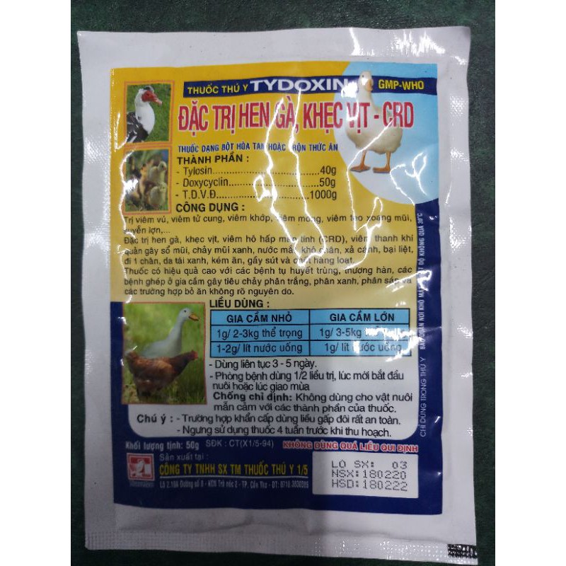 Tydoxin gói 50 gram he.n gà, khẹ.c vịt, CRD hsd 24/02/2024