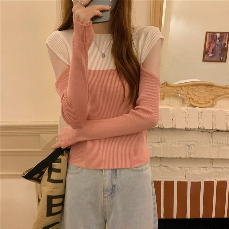 Áo Sweater Dệt Kim Cổ Polo Lệch Vai Phối Màu Đen Trắng Thời Trang 2022 Cho Nữ