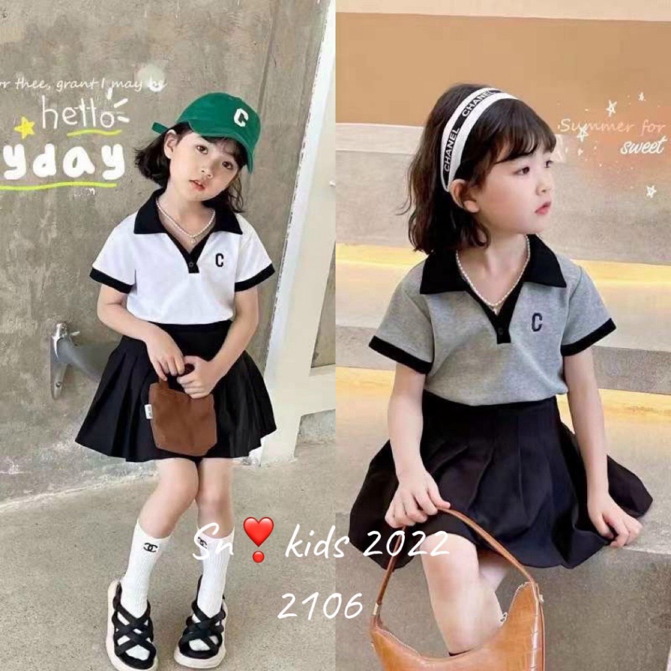 Sét áo thun kèm chân váy cho bé gái kiểu dáng thể thao, Set váy chữ C cho bé size 15-38kg