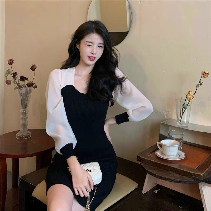 Đầm Body Tay Dài Phối Voan Có Mút