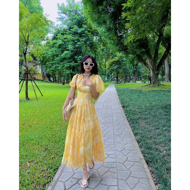 Đầm maxi dài chất tơ xước bồng bềnh cổ V tay bồng