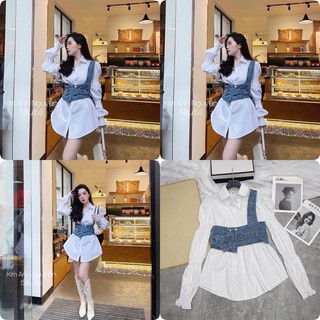 Set ÁO sơ mi kèm yếm jeans