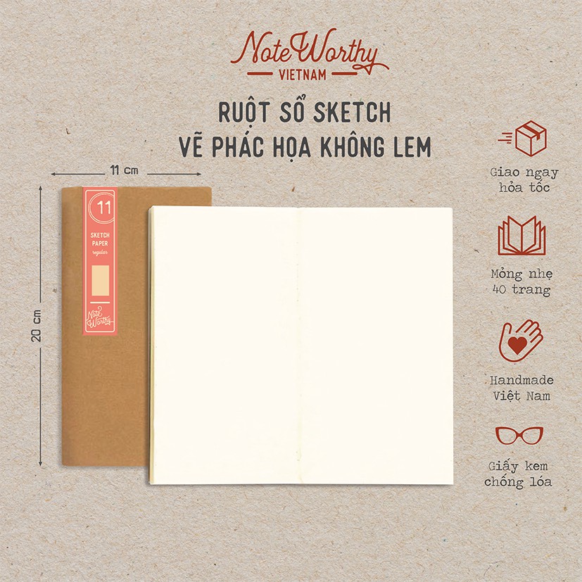 Sổ tay giấy trắng chất lượng cao viết vẽ không lem 40 trang 11x20cm bìa mềm mỏng nhẹ - Noteworthy sketch journals