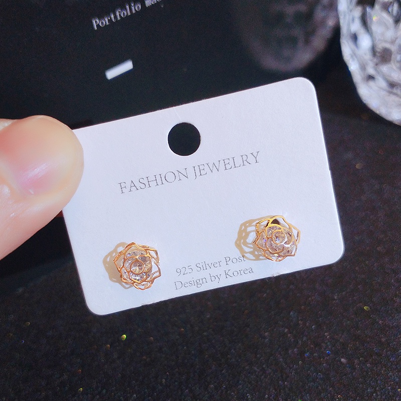 [Jiudolan] Bông Tai Hoa Hồng Đính Đá Zircon Sáng Bóng Thanh Lịch