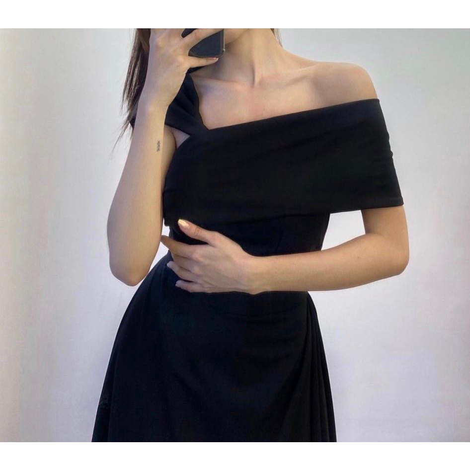 [Ảnh thật] Đầm thun midi lệch vai