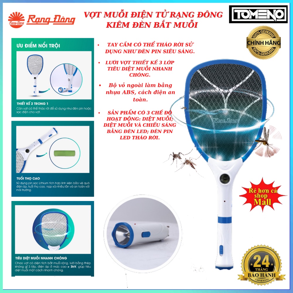 Vợt Muỗi Rạng Đông kiêm đèn bắt muỗi , đèn pin tháo rời , pin sạc cao , 3 trong 1 , tomeno